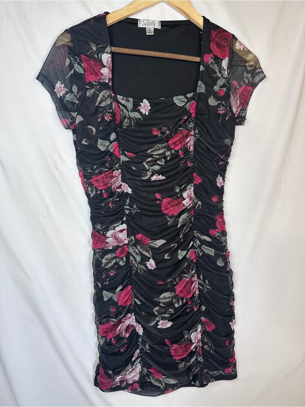 Y2K Justify Black Floral Ruched Mini Dress with Pink Roses